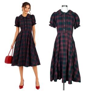 Ivy City Co | Sophia Plaid Green Red Tartan Puff Sleeve Holiday Midi Dress 8